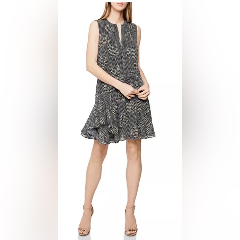 Reiss Stefania Printed Day Dress, Sleeveless design, V-neck, and Waist Tie. 10